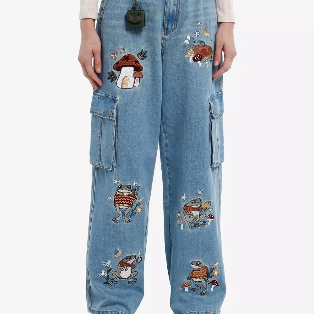Hot Topic Light Blue Embroidered Wide Leg Jeans